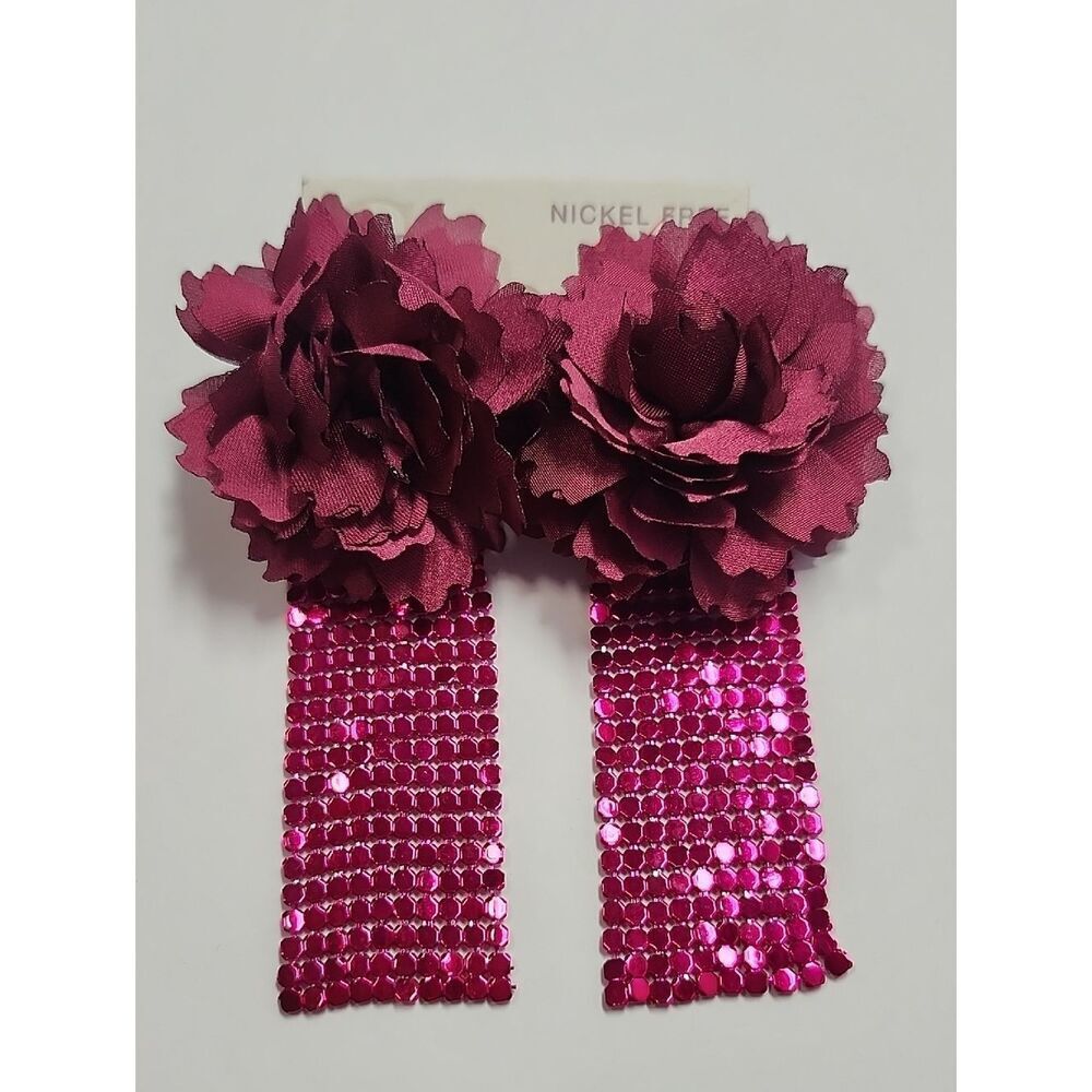 Cato Floral Sequin Dangle Earrings in Deep Magenta